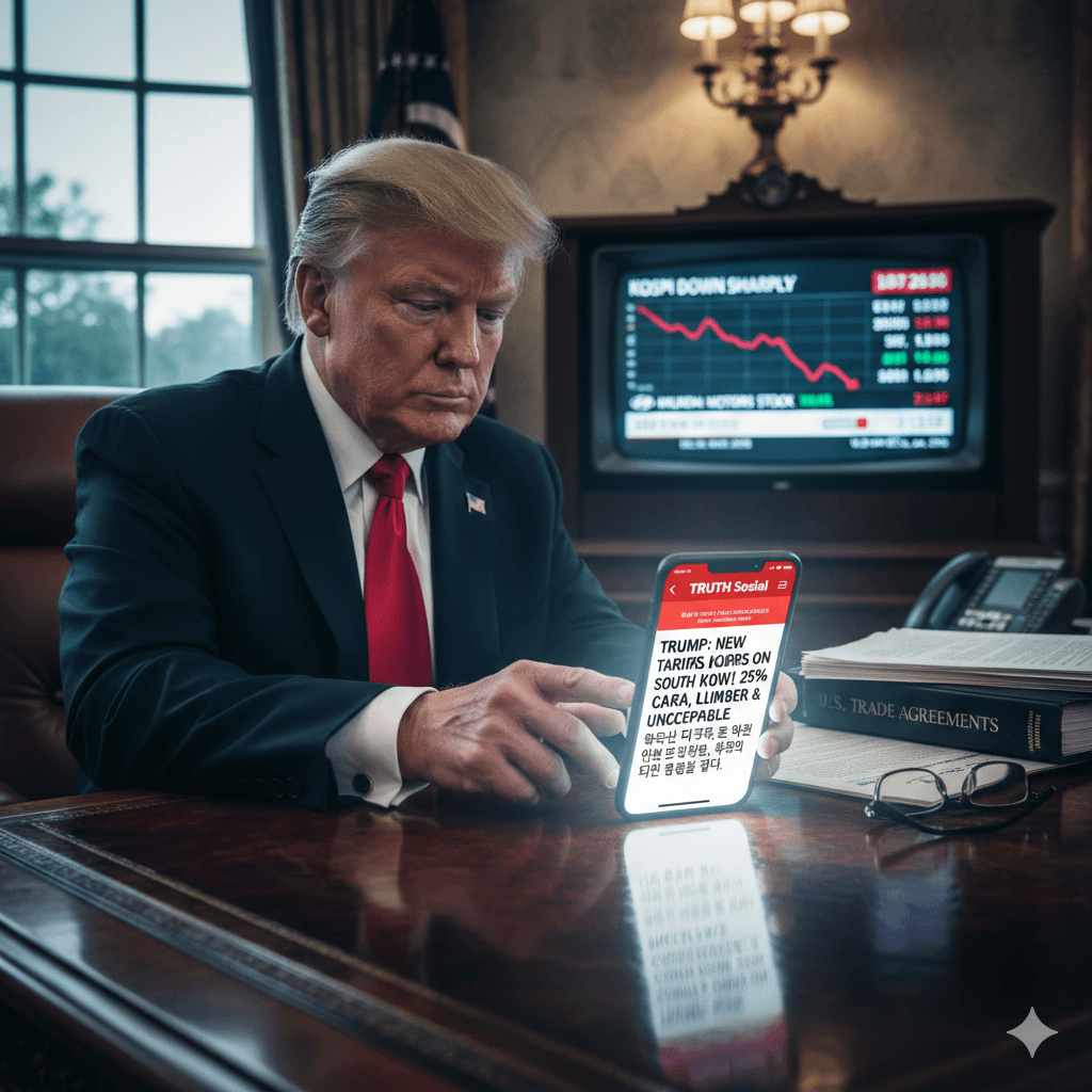 트럼프, 한국산 관세 25% 기습 인상 발표: 자동차·의약품 산업 비상